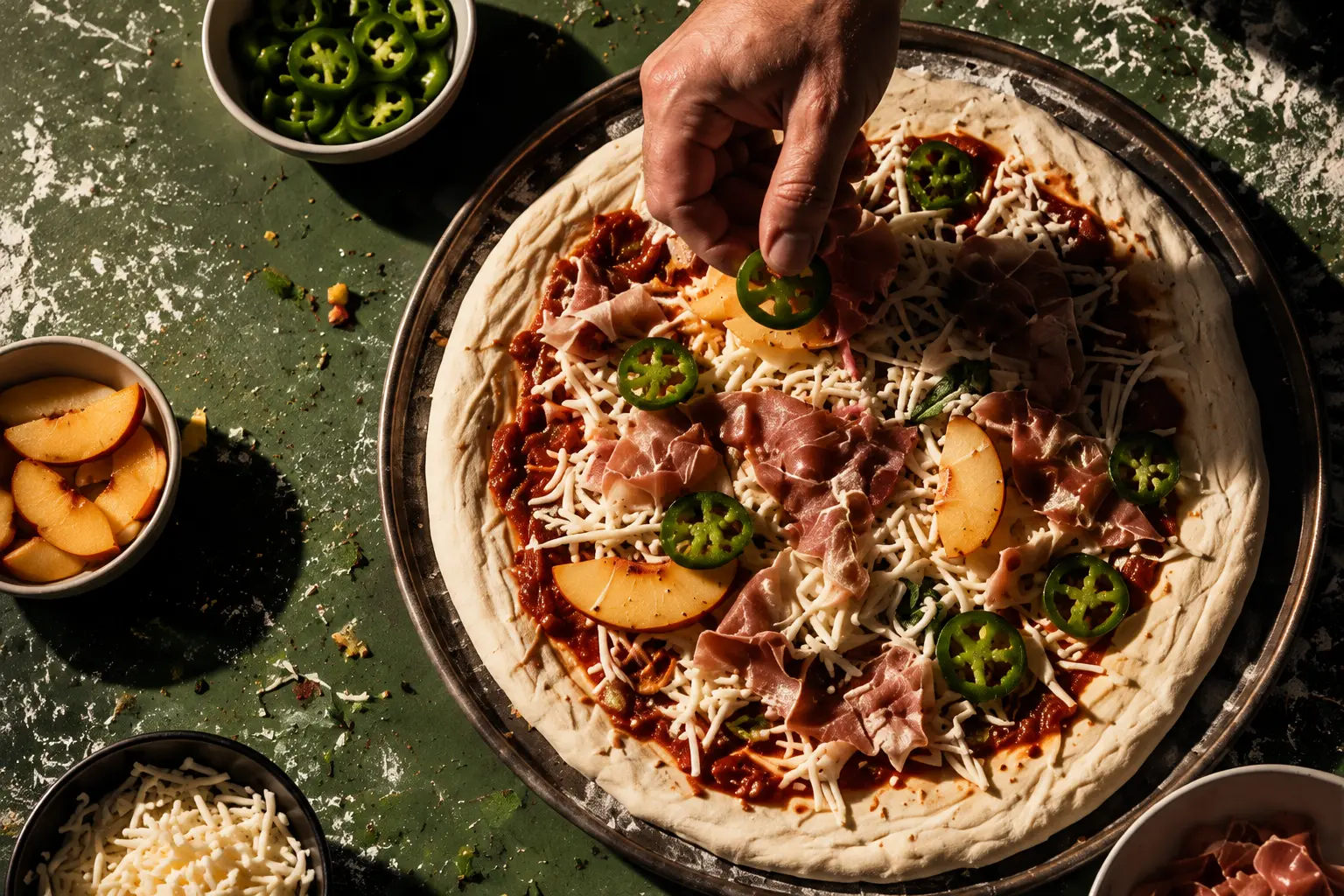 A specialty pizza being assembled by hand