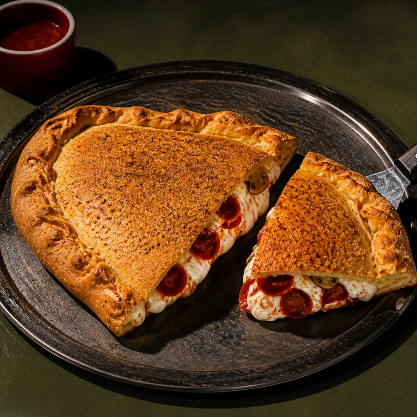 A cut calzone